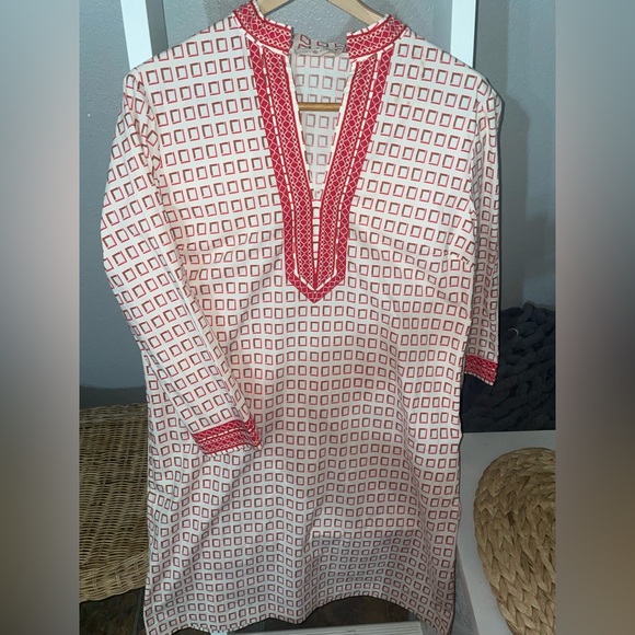 Tory Burch Dresses & Skirts - Tory Burch Embroidered Tunic Dress Size 12 Red White Geometric Resort Boho Chic